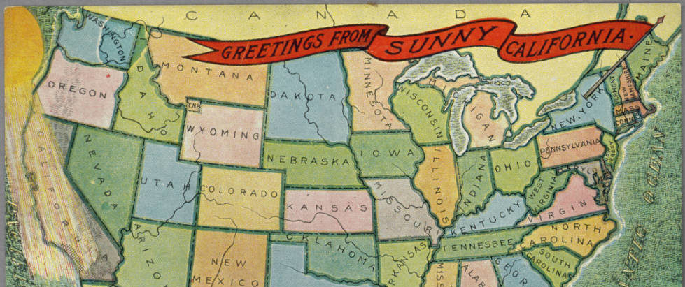 colorful map of the united states reading Greetings from Sunny California