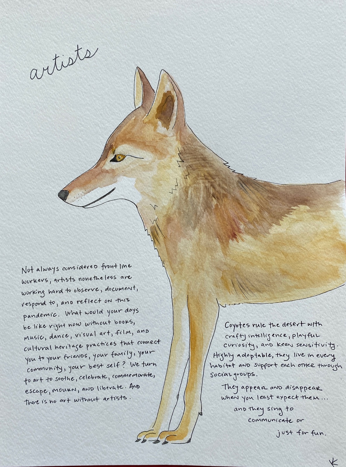 brown desert coyote with text that reads: Not always considered front line workers, artists nonetheless are working hard to observe, document, respond to, and reflect on this pandemic. What would your days be like right now without books, music, dance, visual art, film, and cultural heritage practices that connect you to your friends, your family, your community, your best self? We turn to art to soothe, celebrate, commemorate, escape, mourn, and liberate. And there is no art without artists. Coyotes rule the desert with crafty intelligence, playful curiosity, and keen sensitivity. Highly adaptable, they live in every habitat and support each other through social groups. They appear and disappear when you least expect them... and they sing to communicate or just for fun.