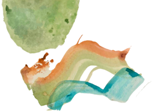 An orange and green watercolor painting made from watermelon rinds