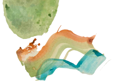 An orange and green watercolor painting made from watermelon rinds